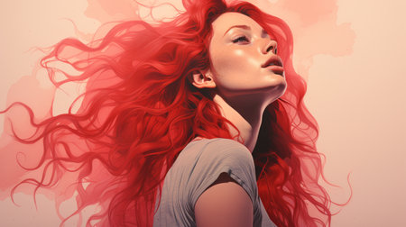a woman with long red hair is looking upの素材