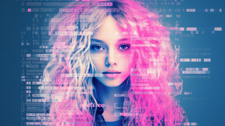 a woman with pink hair and blue backgroundの素材