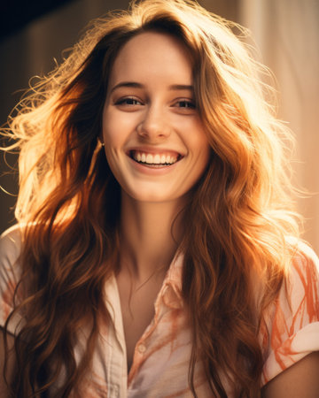 a woman with long red hair smiling and looking at the cameraの素材