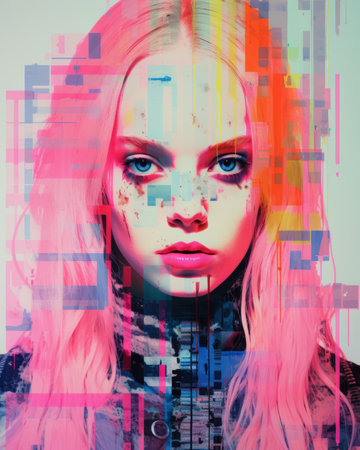 a woman with pink hair and colorful makeupの素材