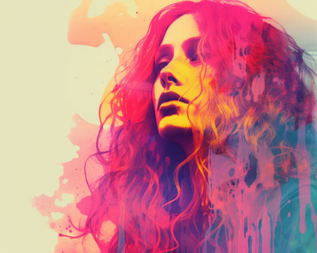 a woman with long hair and colorful paint on her faceの素材