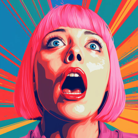 a woman with pink hair and blue eyes is screaming in front of a colorful backgroundの素材