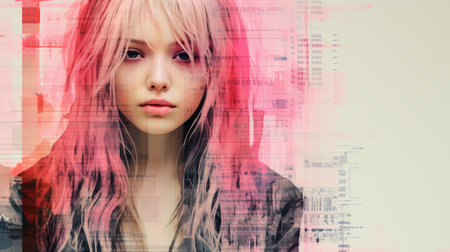 a woman with pink hair is in front of a computer screenの素材