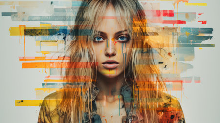a woman with long hair and colorful paint splatters on her faceの素材