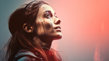 a woman with long hair looking up in the airの素材