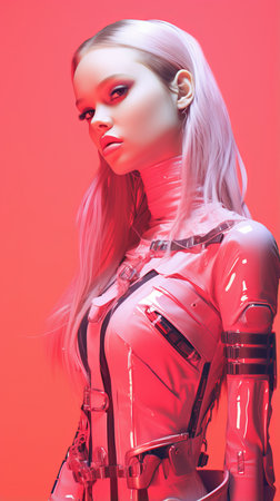 a woman with long white hair in a latex outfitの素材
