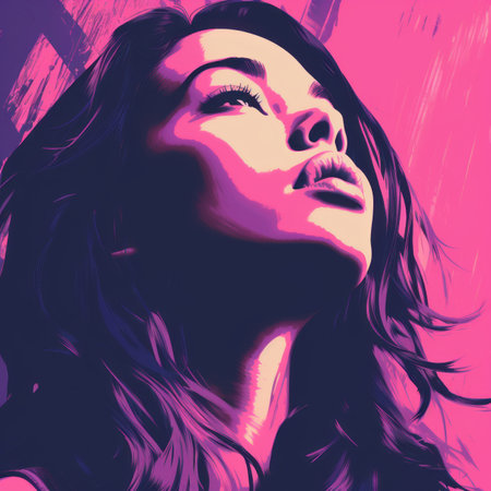 a woman with long hair in a pink and purple backgroundの素材