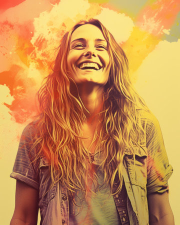a woman with long hair is smiling in front of a colorful backgroundの素材