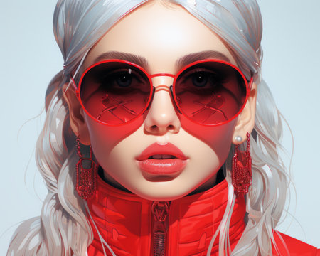 a woman with long white hair wearing red sunglassesの素材