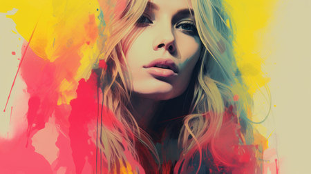 a woman with long hair and colorful paint splatters on her faceの素材