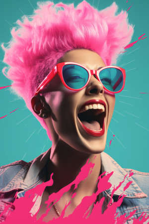 a woman with pink hair wearing sunglasses and a denim jacketの素材