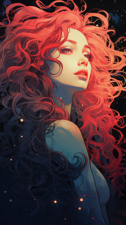 a woman with red hair and stars on her faceの素材