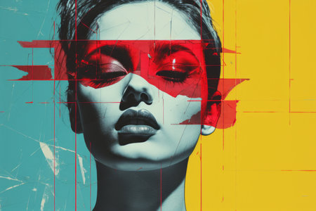 a woman with red and yellow makeup on her faceの素材