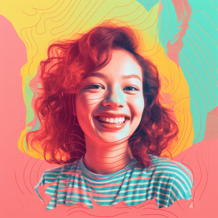 a woman with red hair and a striped shirt is smiling in front of a colorful backgroundの素材