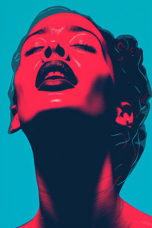 a woman with red lips and blue backgroundの素材