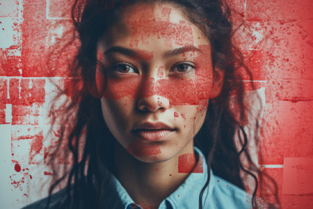 a woman with red paint on her faceの素材