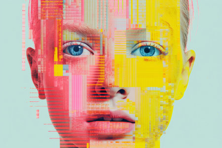 a womans face is made up of colorful pixelsの素材