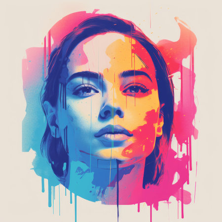 a womans face with colorful paint splatters on itの素材