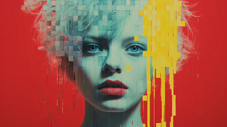 a womans face is made up of pixelated squares on a red backgroundの素材