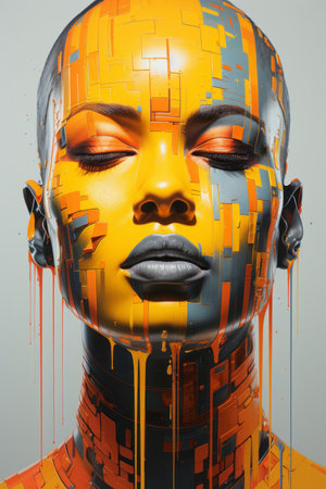 a womans face is painted with orange and yellow paintの素材