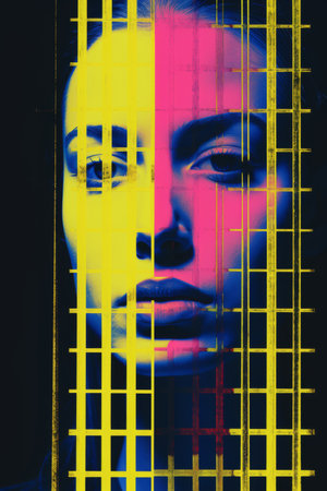 a womans face with a yellow and pink backgroundの素材