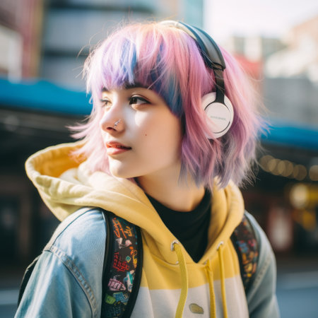 a young woman with colorful hair wearing headphonesの素材