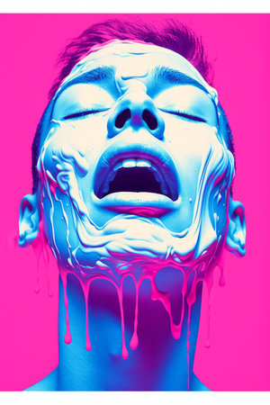 a womans face is covered in blue and pink paintの素材