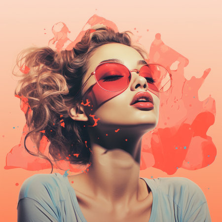 a woman with sunglasses and red paint on her faceの素材