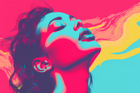a womans face is in front of a colorful backgroundの素材