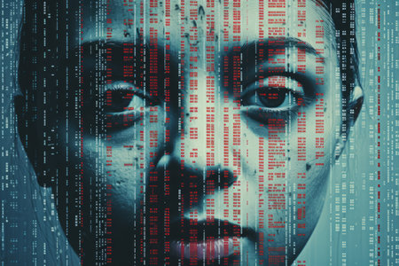 a womans face is surrounded by binary codeの素材