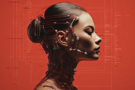 a womans head is surrounded by wires and circuitsの素材