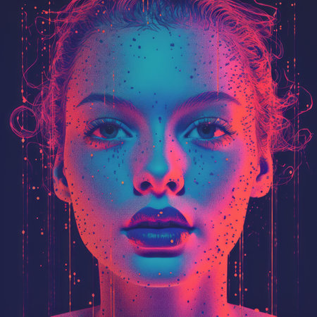 a womans face with neon lights and dots on itの素材