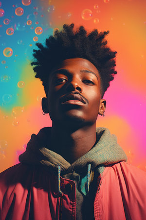 a young man with curly hair standing in front of a colorful backgroundの素材