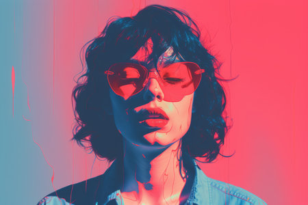 a woman with sunglasses on a pink and blue backgroundの素材