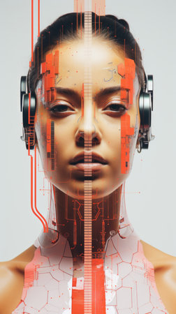 an image of a woman with headphones on her headの素材