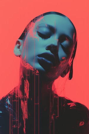 an image of a woman with her eyes closed in front of a red and blue backgroundの素材