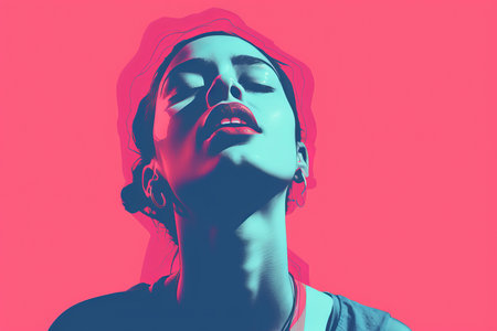 an image of a woman with her eyes closed on a pink backgroundの素材