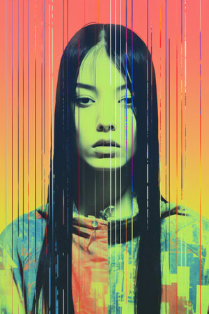 an image of a woman with long hair and a colorful backgroundの素材
