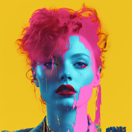 an image of a woman with pink hair and blue and red paint on her faceの素材