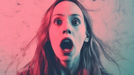 an image of a woman with her mouth open in front of a red and blue backgroundの素材