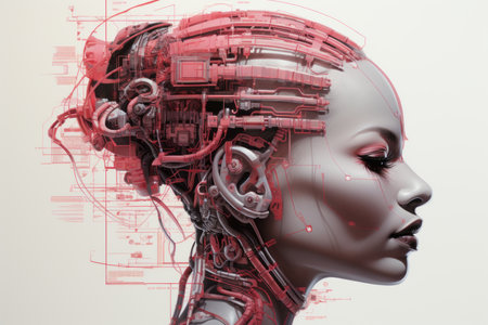 an image of a woman with red hair and a robot headの素材