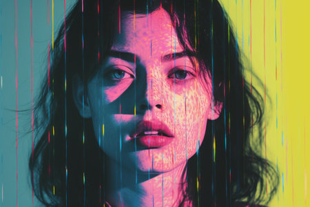 an image of a woman with neon lights on her faceの素材