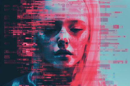 an image of a womans face with a computer screen in the backgroundの素材