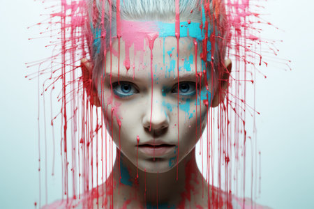 an image of a woman with paint dripping down her faceの素材