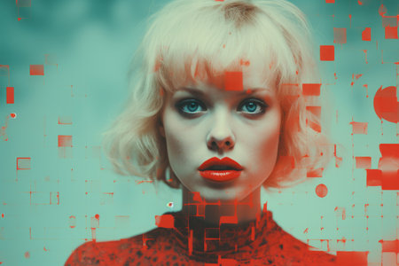 an image of a woman with red lips and a red backgroundの素材