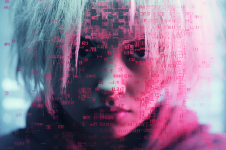 an image of a woman with pink hair in front of a computer screenの素材