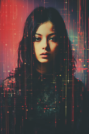 an image of a woman with red lines on her faceの素材