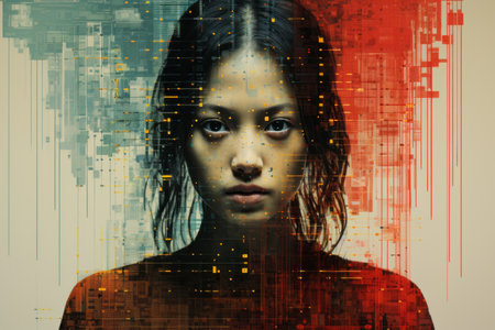 an image of a womans face with a red and blue backgroundの素材