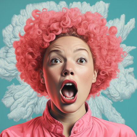 an image of a woman with pink hair and an open mouthの素材