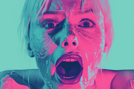 an image of a woman with her mouth open in front of a pink and blue backgroundの素材